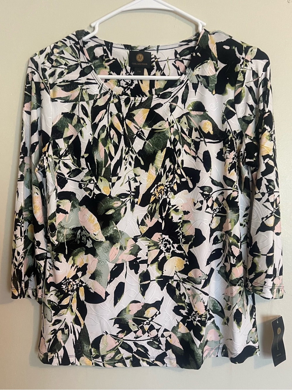 JM Collection Black & White Floral Long Sleeve Top with Pink and Green Accents